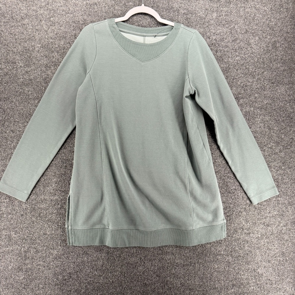 J Jill Sweater Womens M Tall Gray V-Neck Pullover Double Knit Trimmed Tunic Boho
